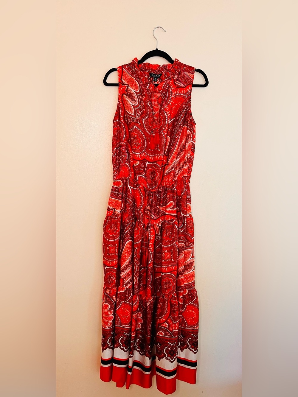 Ralph Lauren Red Paisley Sleeveless Tiered Maxi Dress